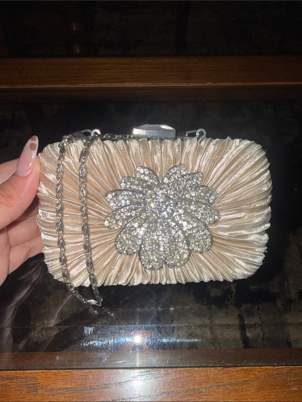 Charming Charlie Champagne Satin Crystal Flower Evening Clutch